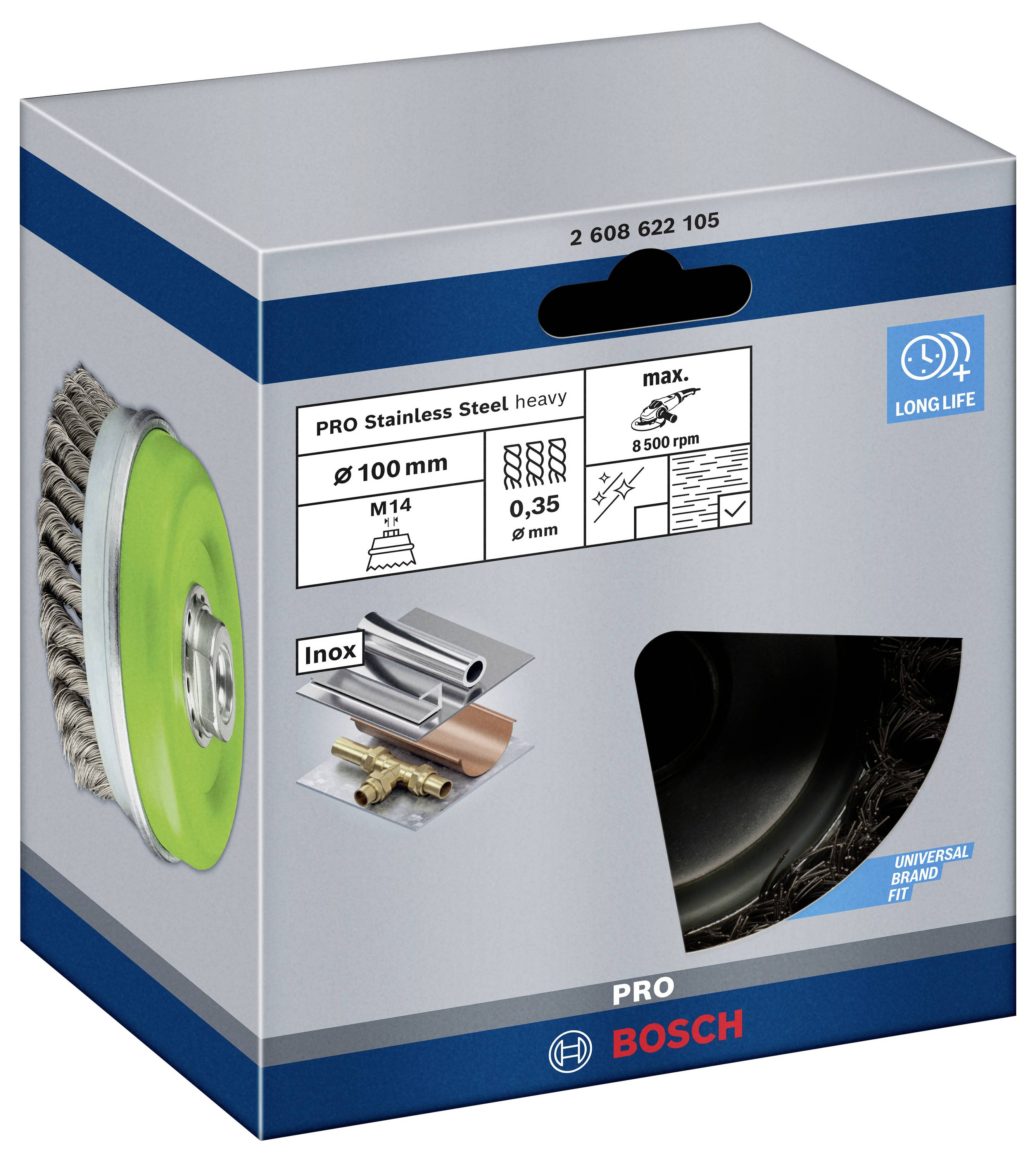 Balenie nerezovej Pro kefky od Bosch s podrobnosťami produktu: priemer 100 mm, max. 8500 ot./min, závit M14.