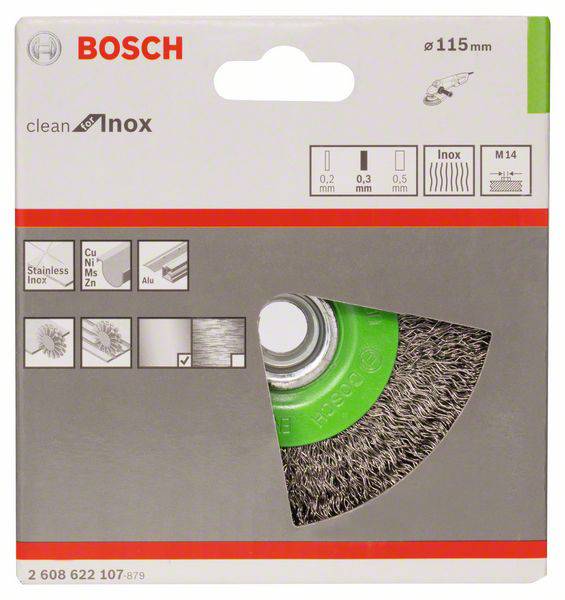 Balenie Bosch drôtenej kefy na uhlovú brúsku, Ø115 mm, vhodné pre nehrdzavejúcu oceľ, hrúbka drôtu 0,3 mm, pripojenie M14.