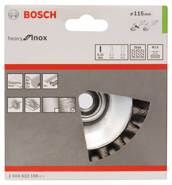 Obal kovovej drôtenej kefy Bosch. Zobrazuje veľkosť Ø115 mm, určená pre nehrdzavejúcu oceľ, s ilustráciami použitia materiálov.