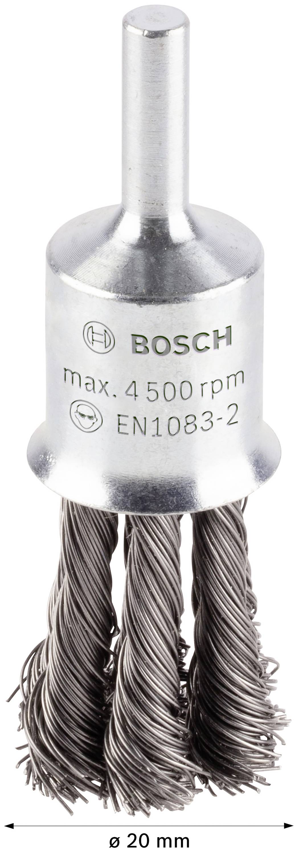 Kovová kefa s drôtenými štetinami a nápisom 'BOSCH max. 4500rpm EN1083-2', priemer 20 mm, vhodná na brúsne práce.