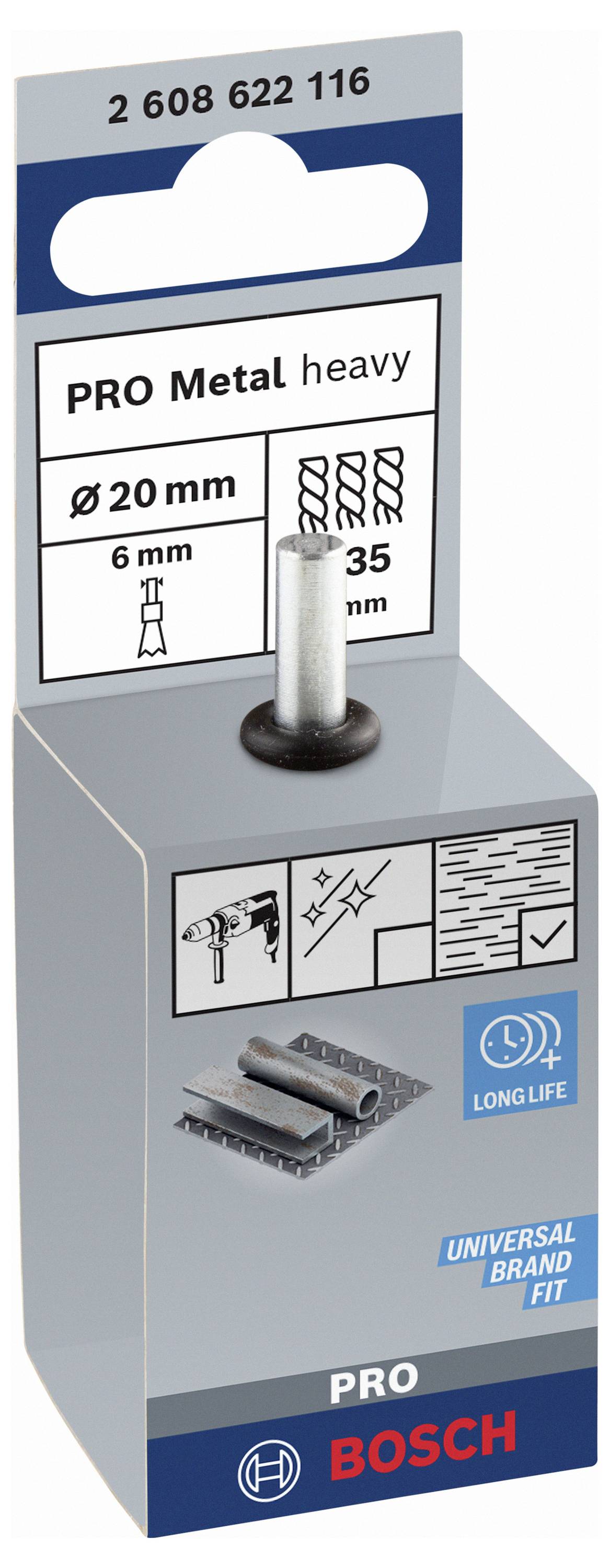 Balenie Bosch PRO kovového vrtáka, priemer 20 mm, vhodný pre náročné aplikácie, so symbolom dlhej životnosti a návodom na použitie.