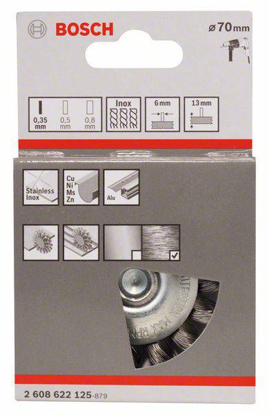 'Bosch' drôtená kefa v balení, vhodná pre nehrdzavejúcu oceľ, meď, hliník. Kompatibilná s vŕtačkou, priemer: 70 mm, šírka: 6 mm, 13 mm.