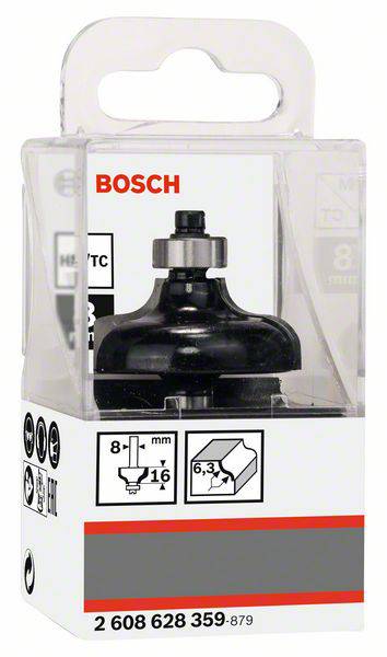Fréza Bosch so sférickým ložiskom v plastovom obale, vhodná pre prácu s drevom; priemer 8 mm, hĺbka rezu 16 mm.