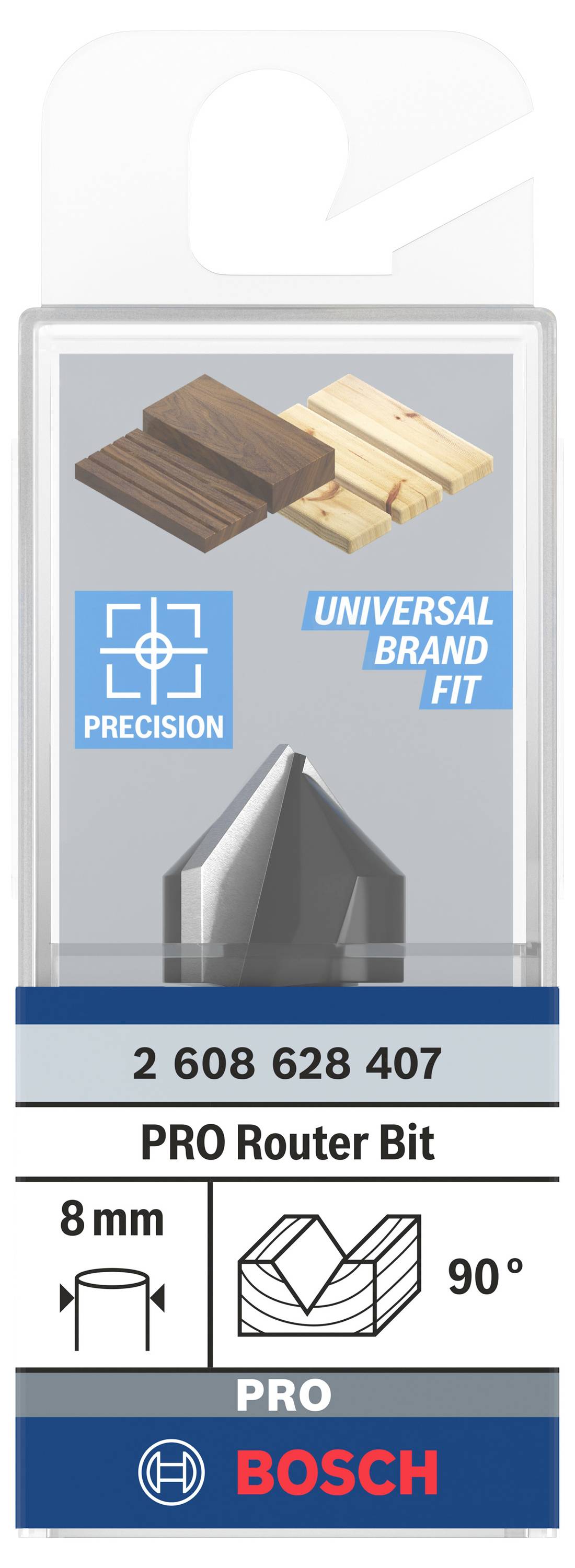 Balenie Bosch PRO frézy s priemerom 8 mm, vhodnej na prácu s drevom, zobrazuje ikony 'Precision' a 'Universal Brand Fit'.