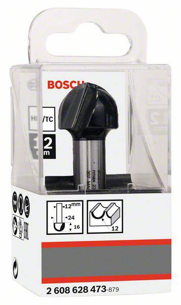 Fréza Bosch s priemerom 12 mm a karbidovým/tvrdokovový ostím, v priehľadnom obale s informáciami o produkte.