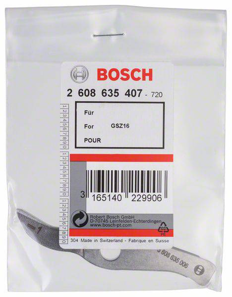 Náhradný diel Bosch v obale, číslo modelu '2 608 635 407', určený pre GSZ16, vyrobený z nehrdzavejúcej ocele, vyrobený vo Švajčiarsku.