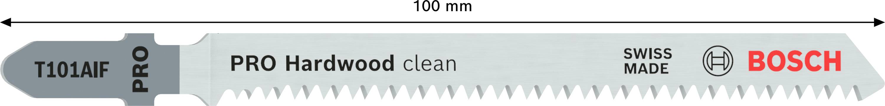 Sivý pílový list s nápisom 'PRO Hardwood clean', 'Swiss Made', 'Bosch', dĺžka 100 mm. Špeciálne optimalizovaný pre drevo.