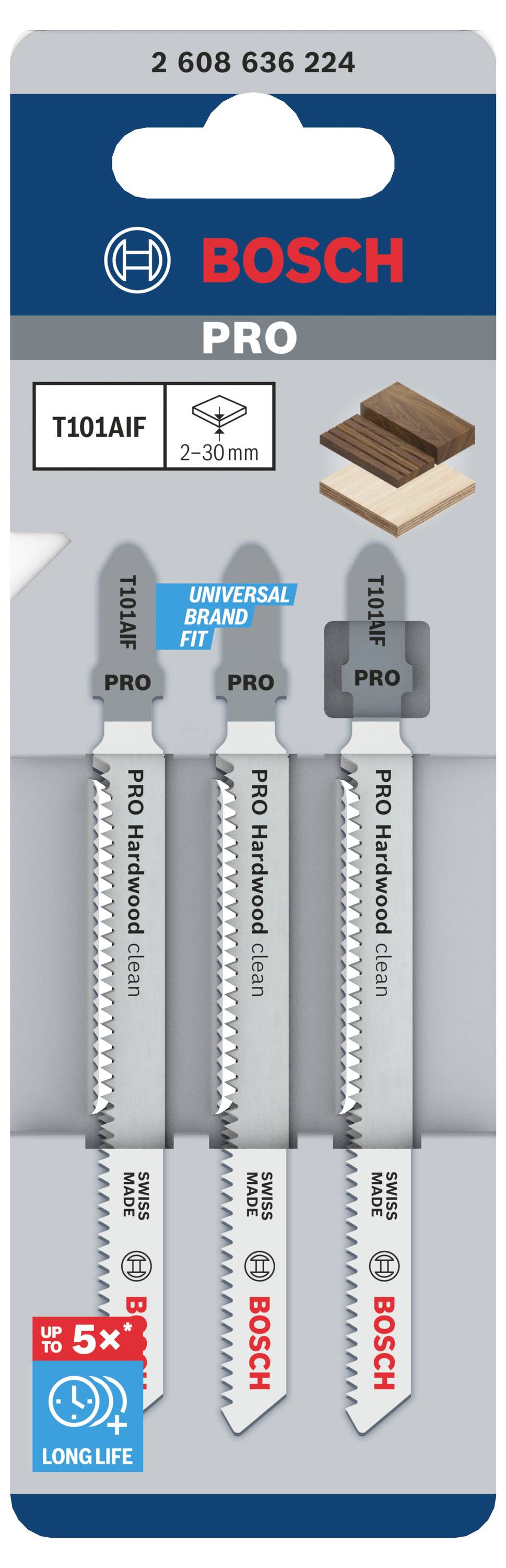 'Tri Bosch PRO pílové listy na drevo T101AIF pre hrúbku 2-30 mm, vhodné na práce s drevom, balené v blistrovom balení.'