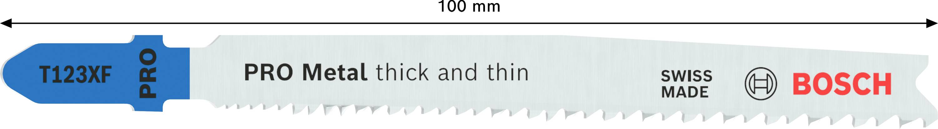Pílový list pre priamočiaru pílu značky Bosch, model T123XF PRO, na opracovanie kovov. Dĺžka 100 mm, vhodný pre hrubé aj tenké materiály.