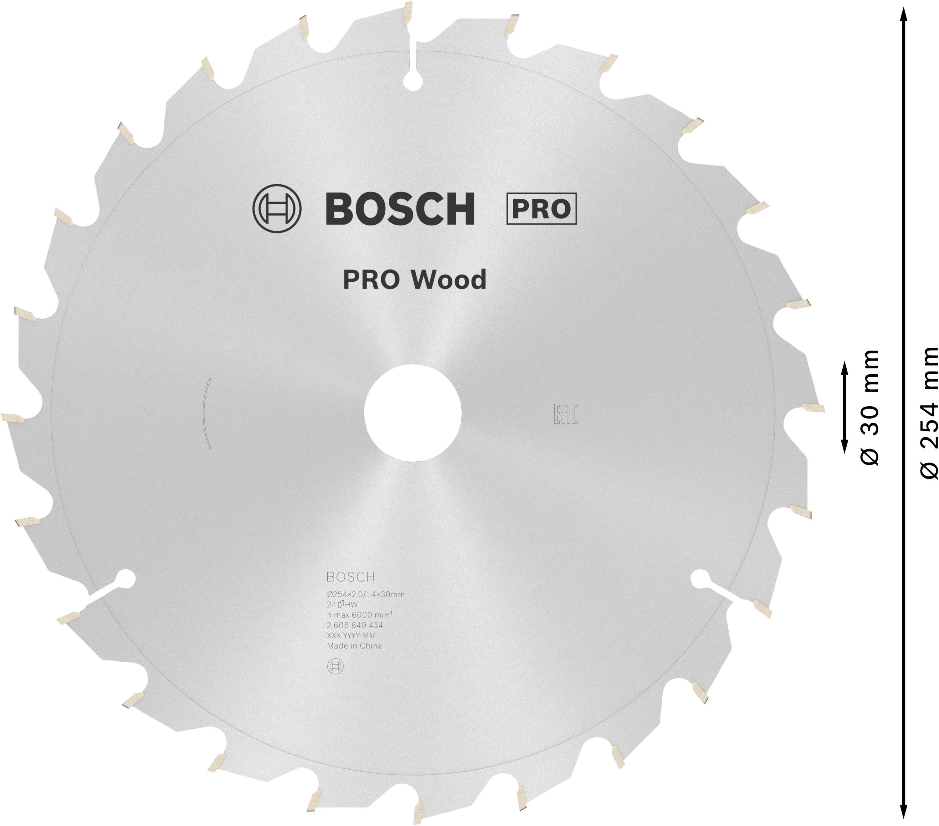 Kotúč na okružnú pílu pre drevo s nápisom 'BOSCH PRO Wood', priemer 254 mm.