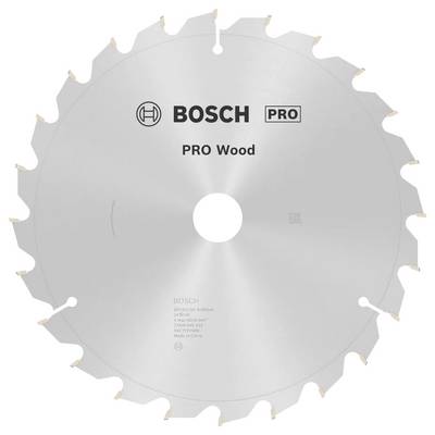 Kotúč okružnej píly značky Bosch s označením "PRO Wood", určený na rezanie dreva, s viditeľnými zubami a výrobnými údajmi vytlačenými na povrchu.