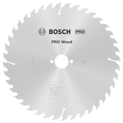 Kotúč na pílu označený 'BOSCH PRO Wood'. Vhodný na rezanie dreva. Obsahuje centrálny otvor pre upevnenie a ostré zuby pre efektívne rezanie.