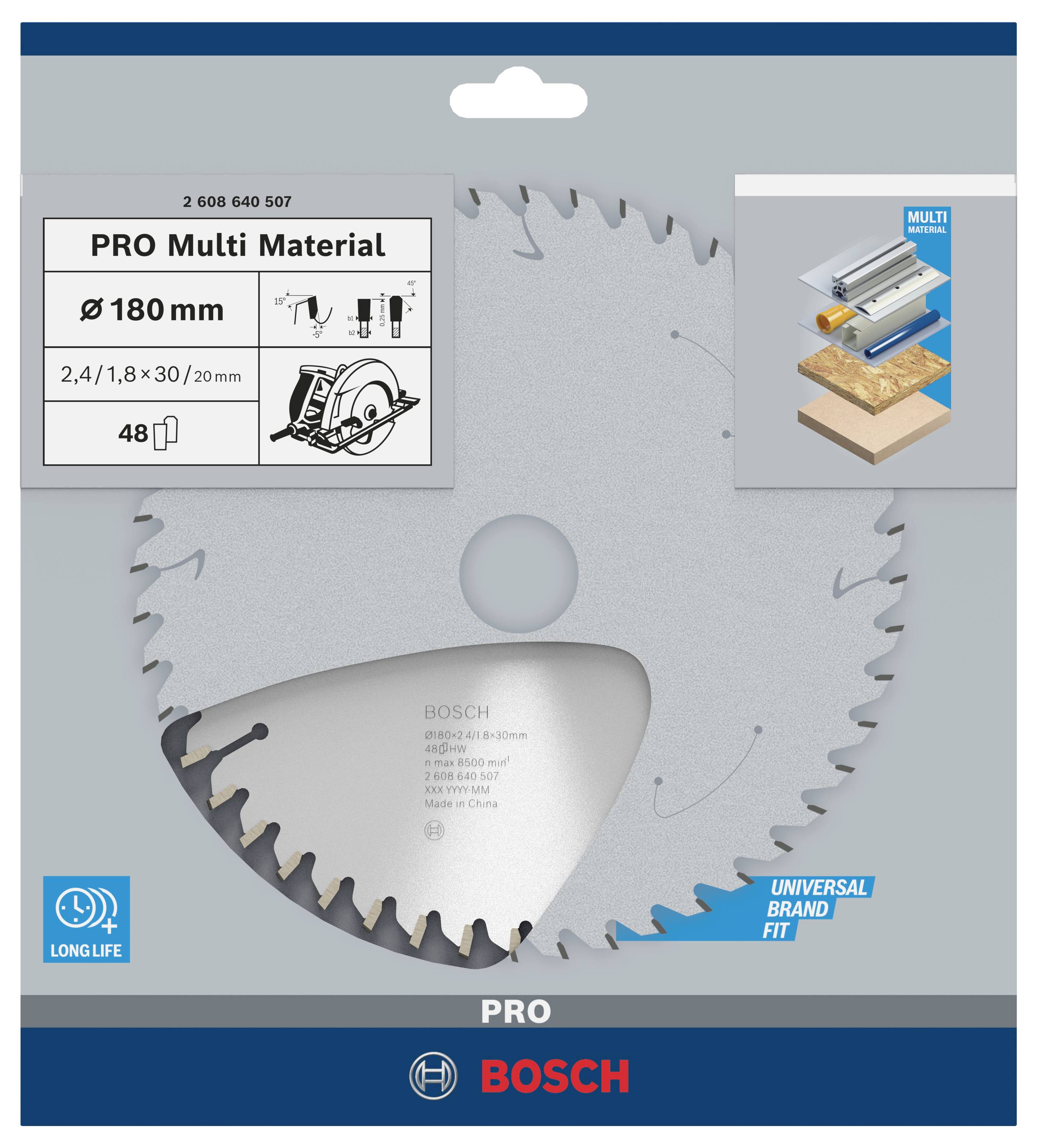 Kotúčová píla Bosch pre rôzne materiály, priemer 180 mm, 48 zubov, dlhotrvajúca, na univerzálne použitie.