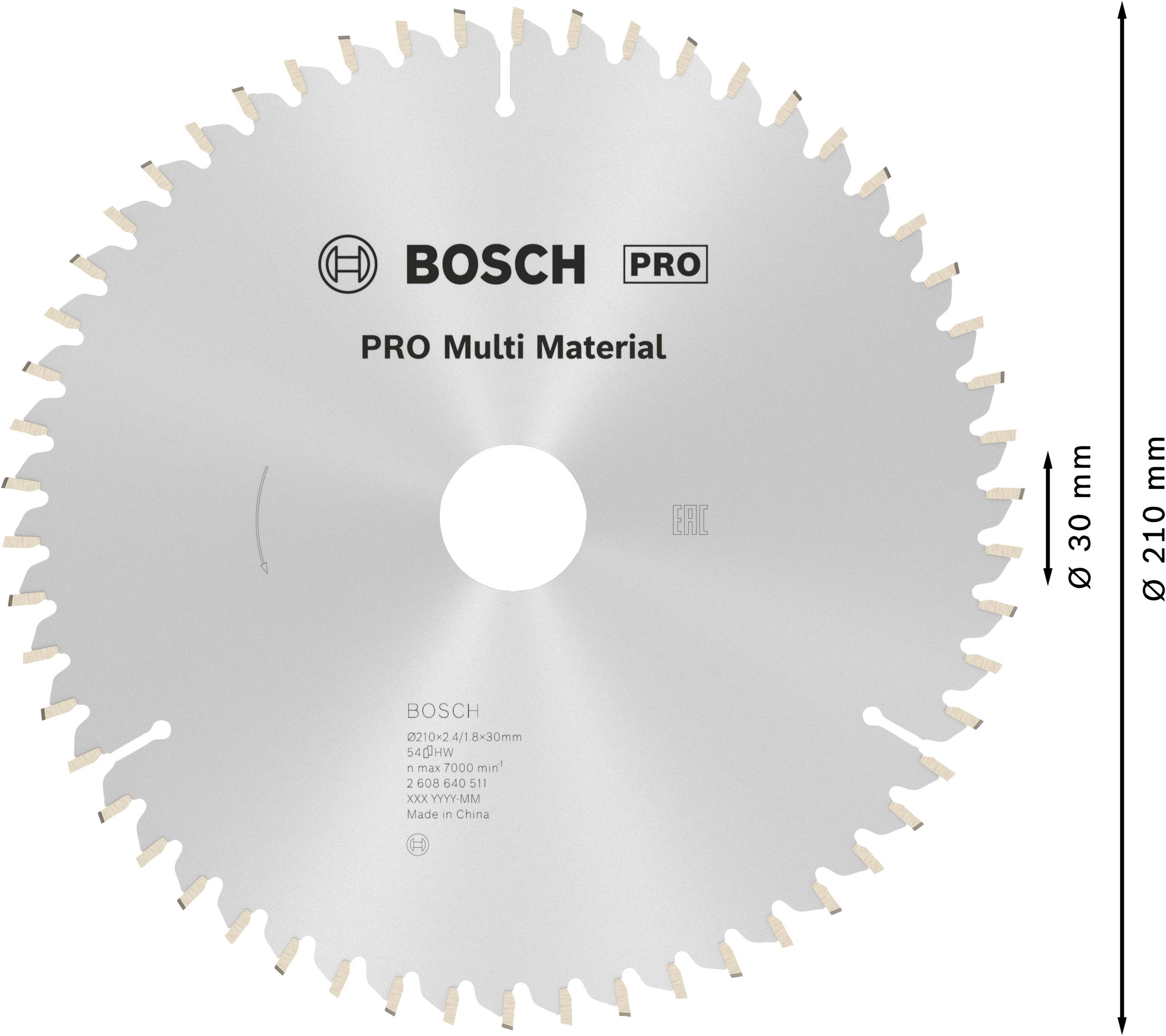 Kotúč na okružnú pílu s reznou plochou priemeru 210 mm a otvorom 30 mm. Vhodný pre 'Multi Material' podľa nápisu.