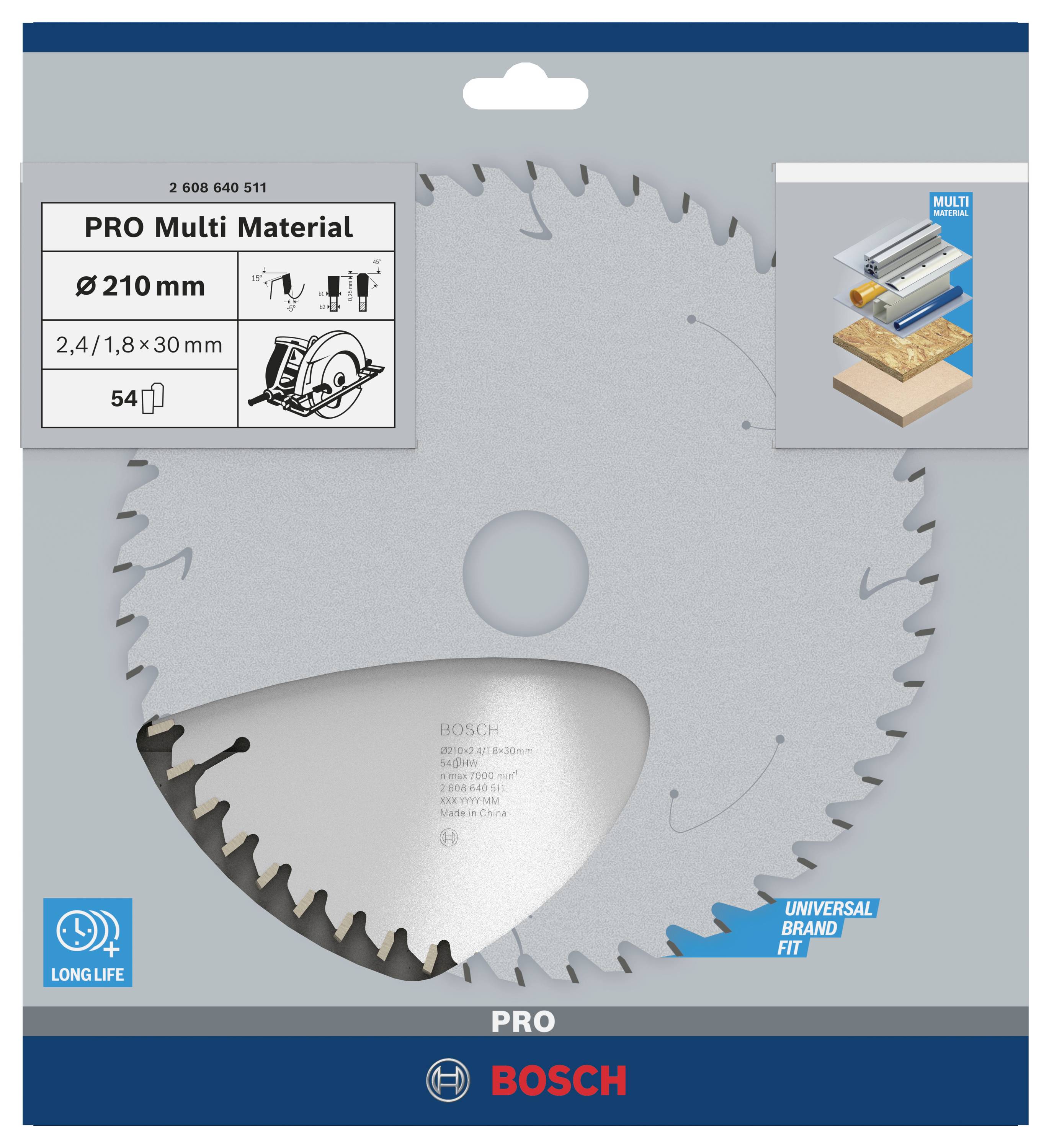 Balenie pílového kotúča s údajmi: 'PRO Multi Material', priemer 210 mm, 2,4/1,8 x 30 mm, 54 zubov. Vhodný pre rôzne materiály.