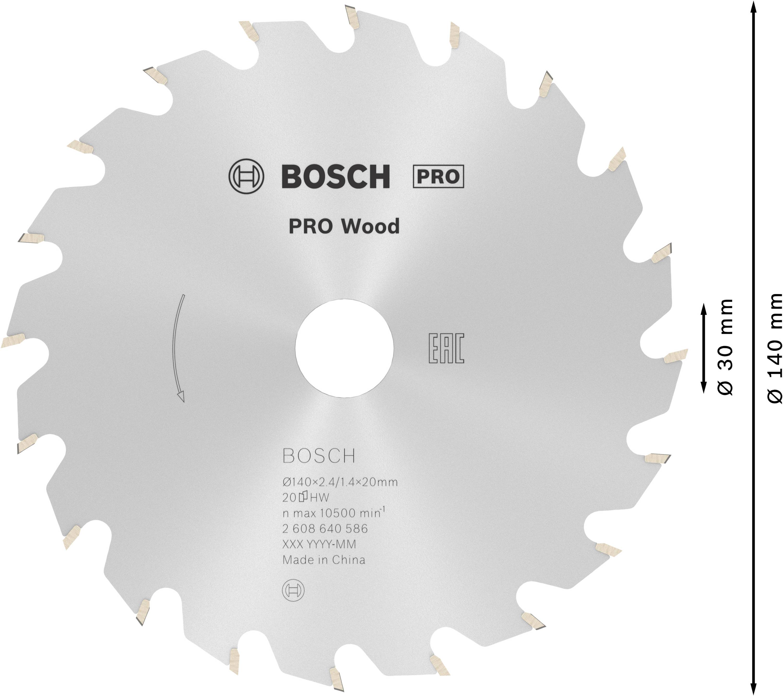 Kotúčová píla na drevo 'Pro Wood' od Bosch, priemer 180 mm, 20 zubov, vhodná pre 1050 ot/min, vyrobené v Číne.