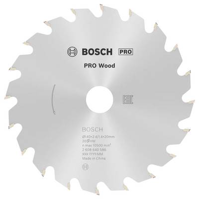Pílový kotúč označený "BOSCH PRO Wood", navrhnutý pre profesionálne rezanie dreva; charakteristiky zahŕňajú priemer 210 mm, 20 zubov a "Vyrobené v Číne".