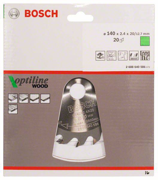 Balenie pílového listu Bosch Optiline Wood. Údaj: Priemer 140 mm, 20 zubov. Vhodné pre drevo, symbol dlhej životnosti.
