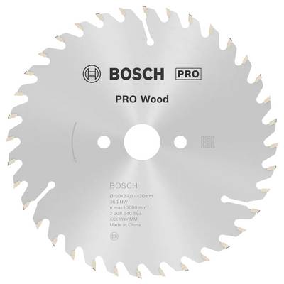 Strieborný kruhový pílny list s ozubeným okrajom, označený ako 'Bosch PRO Wood' s bezpečnostnými špecifikáciami pre rezanie dreva.