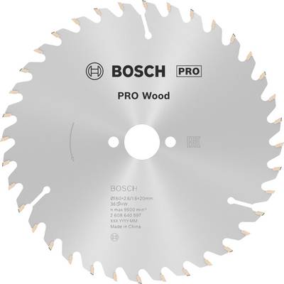 Kotúč pílového listu s nápisom 'BOSCH PRO Wood'. Strieborný kov so zubaným okrajom, vhodný pre prácu s drevom.
