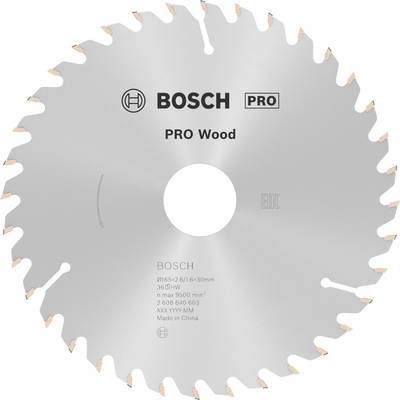 Kotúč pílový s logom Bosch, nápis 'PRO Wood', priemer 216 mm, vhodný na drevo, maximálne otáčky 9500 ot/min.
