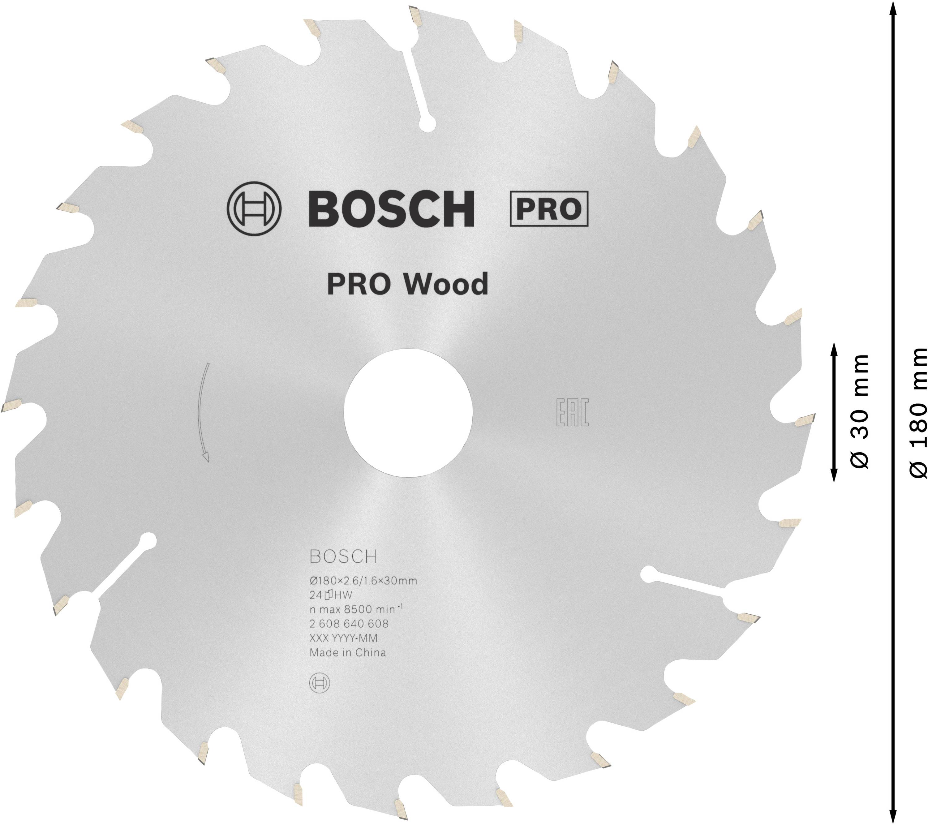 Kotúč na okružnú pílu s logom Bosch, nápis 'PRO Wood', 24 zubov. Priemer: 300 mm, vŕtanie: 30 mm. Vhodný na drevo.
