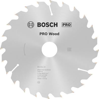 Kotúč pílový s ozubením, logo 'BOSCH PRO Wood'. Detaily modelu a špecifikácie na prednej strane. Vhodný pre prácu s drevom.