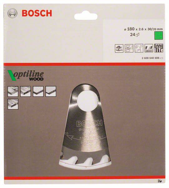 Obal pílového listu Bosch Optiline Wood; kruhový tvar, priemer 180 mm, 24 zubov; vhodný na drevo.