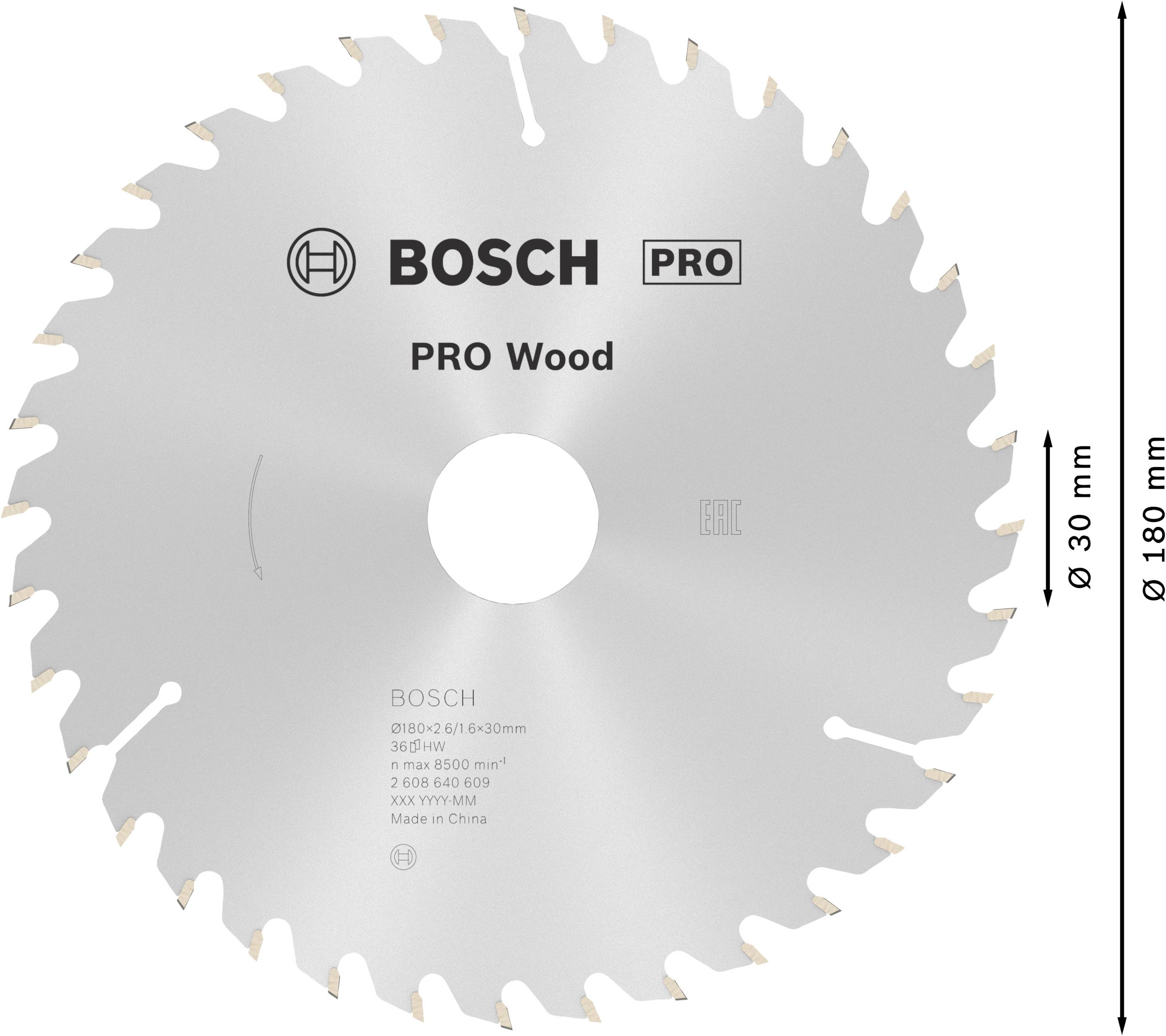 Kotúčová píla od Bosch s nápisom 'PRO Wood', priemer 180 mm, na prácu s drevom, špecifické údaje o modeli a veľkosti.