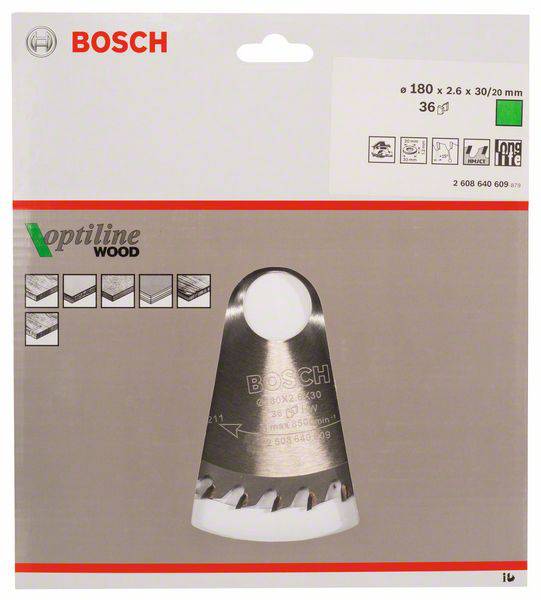 Kotúč na rezanie dreva 'Bosch Optiline Wood' s rozmermi 180 x 2,6 x 30/20 mm, zobrazuje obal a produktový obrázok.