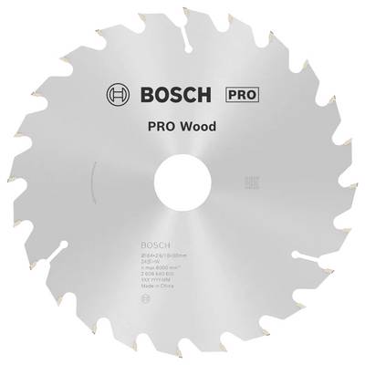 Kotúčová píla s označením "BOSCH PRO Wood" s početným počtom zubov. Vrátane údajov o výrobcovi a veľkosti. Používaná na opracovanie dreva.