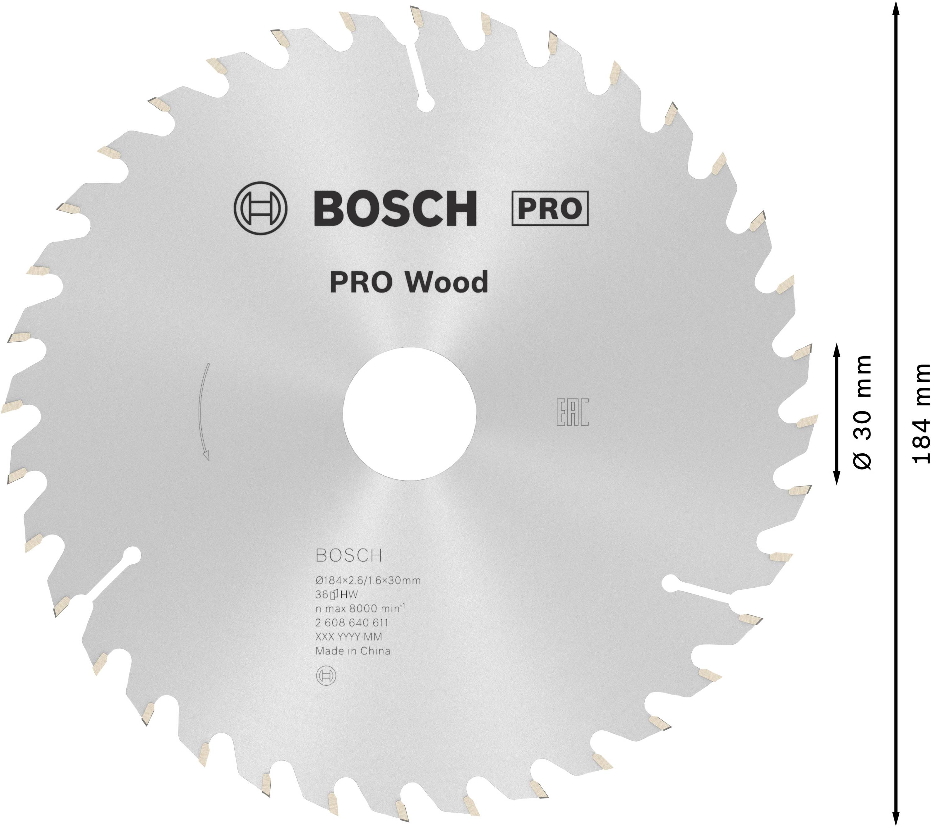 Kotúč na okružnú pílu 'Bosch PRO Wood', priemer 184 mm, 24 zubov, vhodný na drevo, maximálne 8000 ot./min.