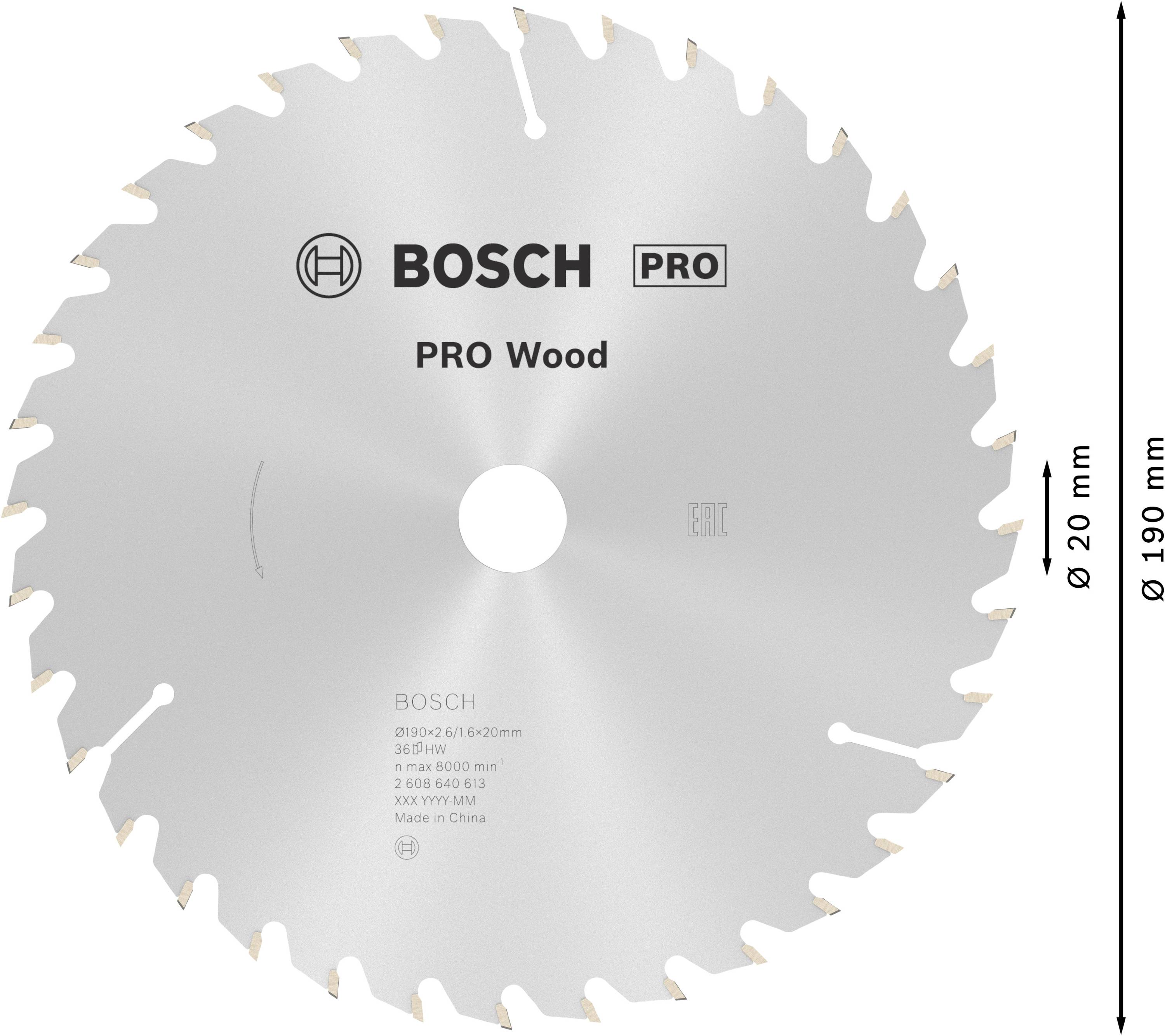 Kotúčová píla s 24 zubami, na drevo, 'Bosch PRO Wood', priemer 190 mm, vŕtanie 20 mm.