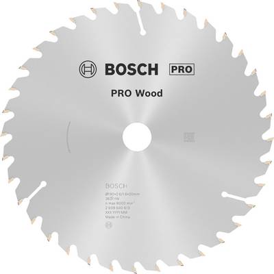 Strieborný pílový kotúč Bosch 'PRO Wood'. Kotúč s veľkým počtom zubov určený na prácu s drevom. Označený technickým textom a logami.