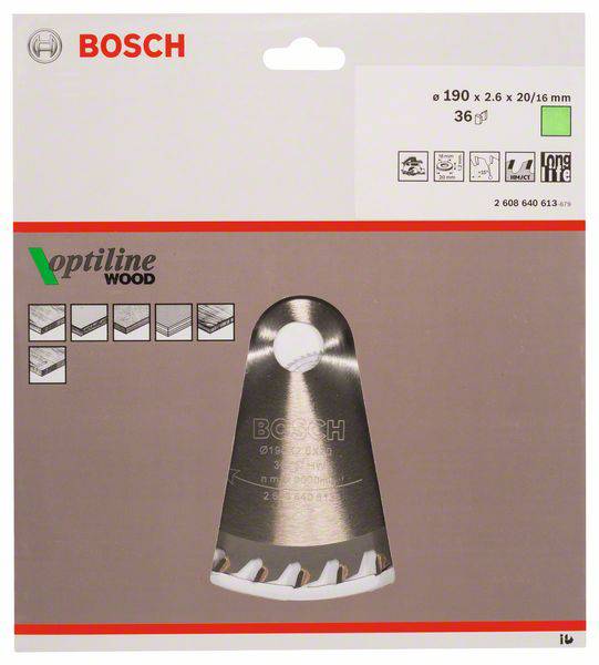 Balenie kotúča Bosch Optiline-Wood na rezanie dreva, rozmer 190 x 2,6 x 20/16 mm, s 36 zubami.