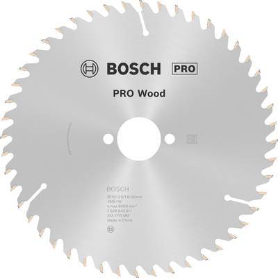 Guľovité kotúčové pílové rezné kotúče Bosch PRO Wood na drevo. Striebornej farby s ostrými zubami. Názov značky a špecifikácie na povrchu kotúča.