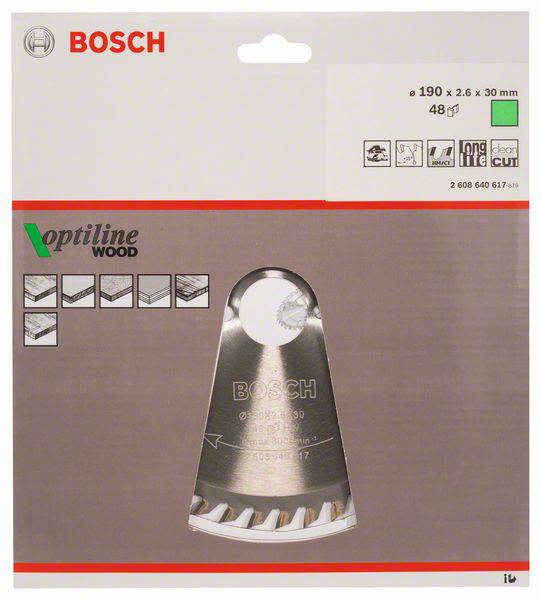 Bosch kotúčová píla na drevo, 'Optiline Wood', 190 x 2,6 x 30 mm, 48 zubov, obrázok pílového kotúča na obale.