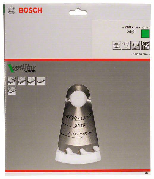 'Bosch Optiline Wood pílový list, ø 200 x 2,8 x 30 mm, 24 zubov, max. 7500 ot/min.' Balenie s obrázkami a špecifikáciami produktu.