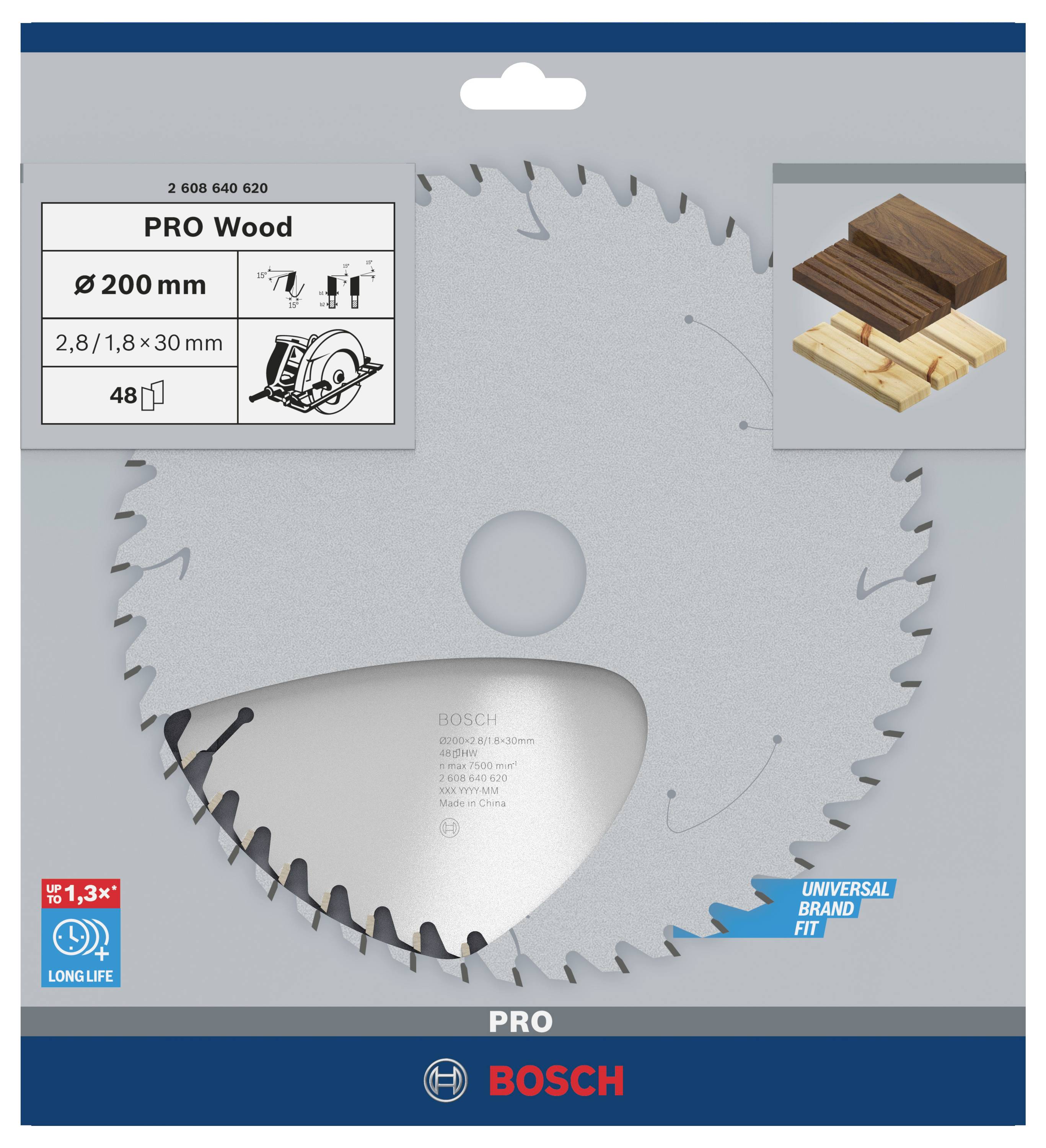 Bosch Pro Wood kotúčová pílka na drevo, priemer 200 mm, na drevo, 48 zubov, zobrazenie kusov dreva, dlhá životnosť.