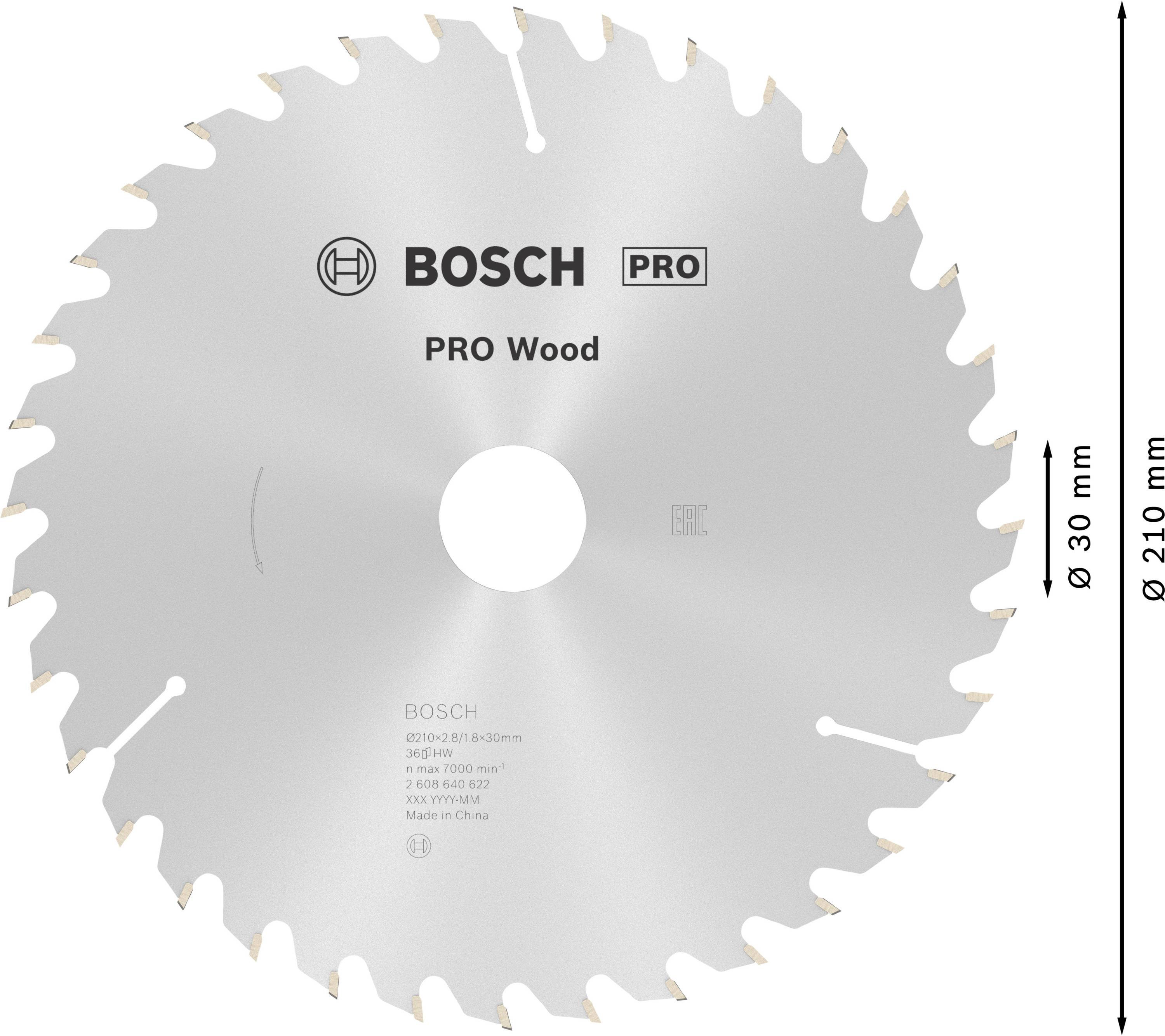 Kotúčová píla s 24 zubami, nápis 'BOSCH PRO Wood', priemer 210 mm. Vhodná na rezanie dreva, priemer otvoru 30 mm.