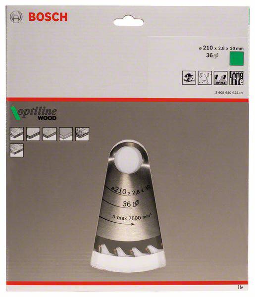 Pílový kotúč Bosch Optiline Wood, vhodný na drevo, priemer 210 mm, 36 zubov, maximálne otáčky 7500/min, dlhodobo trvácny.