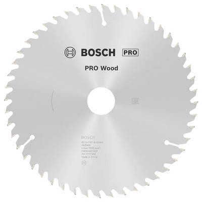 Kotúčová píla s ostrými zubami, označená ako „BOSCH PRO Wood", určená na rezanie dreva. Kotúč je striebornej farby s označením značky.
