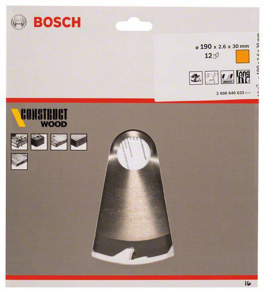 'Bosch Construct Wood' obal na pílové listy s obrázkami rôznych pílových listov, špecifikáciami a logami vypovedajúcimi o trvanlivosti.