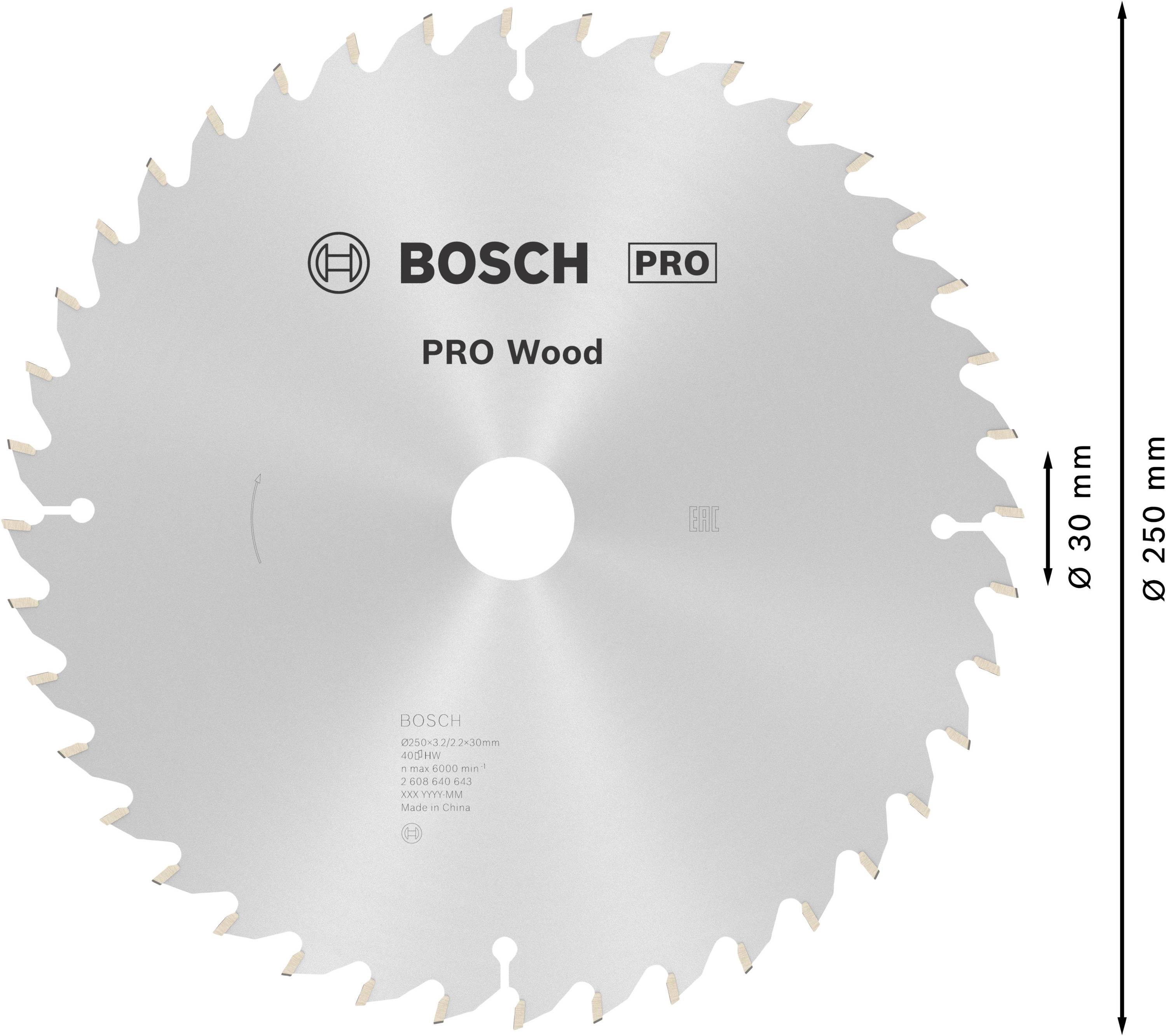 Kotúč na okružnú pílu s nápisom 'Bosch PRO Wood', priemer 250 mm, menovitý otvor 30 mm, na rezanie dreva.