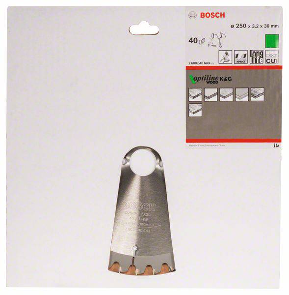 Balenie pílového listu Bosch. Obsahuje detaily ako veľkosť (250 x 3,2 x 30 mm), počet zubov (40) a údaje o materiáli pre drevo.