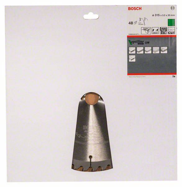 Obal kotúčovej píly Bosch, priemer 315 mm, 48 zubov, vhodný na rezanie dreva.