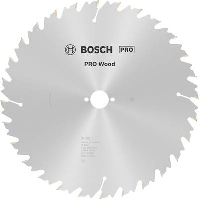 Kotúč pílového listu s nápisom 'BOSCH PRO Wood', vhodný na prácu s drevom. Striebornej farby s mnohými rovnomerne rozmiestnenými zubami.