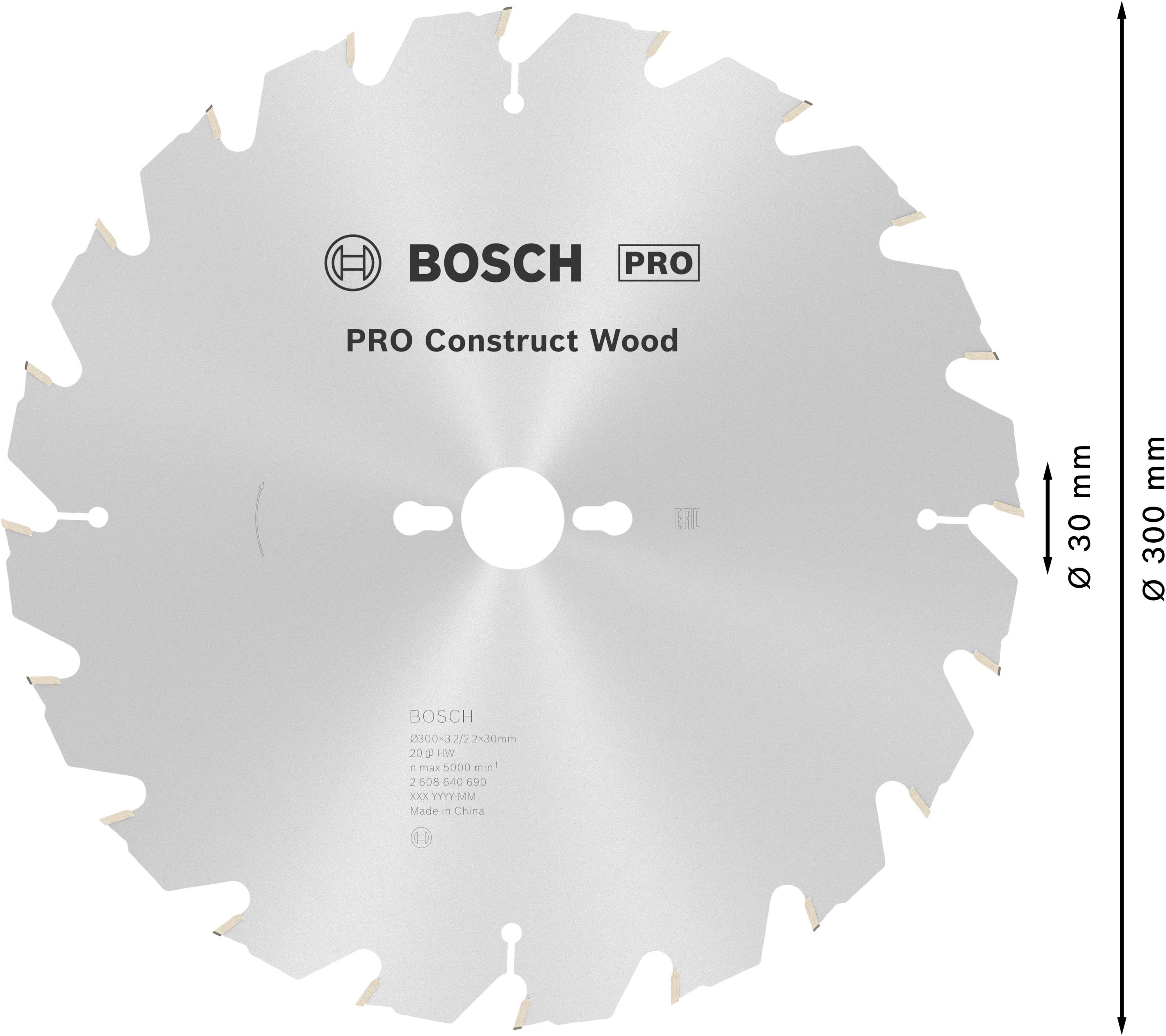 Kotúčová píla s 48 zubami, nápis 'BOSCH PRO Construct Wood', priemer 300 mm, vhodná pre drevené konštrukcie.