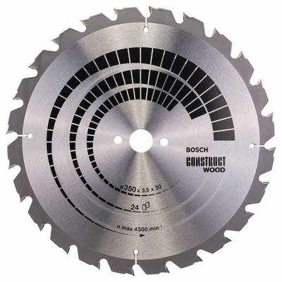 Pílový list s 24 zubami, vhodný na drevo. Nápis: 'Bosch Construct Wood', priemer 350 mm, max. 4500 ot./min.