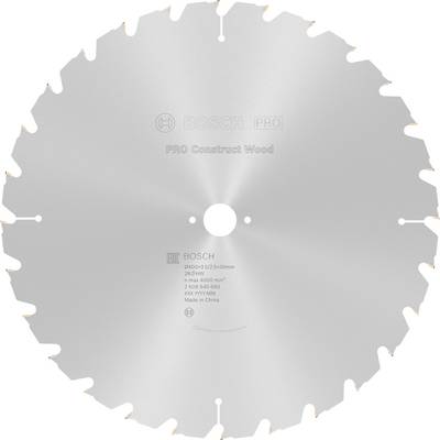 Kotúč pílového listu z kovu, označený nápisom 'Pro Construct Wood', určený pre práce so drevom a kompatibilný s elektrickými pílami Bosch.